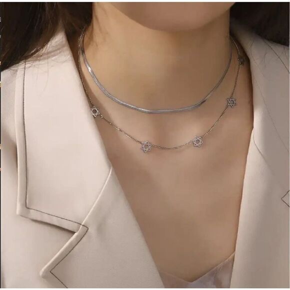 Double Layer Star of David Necklace Silver Stainless Steel - Picture 1 of 4
